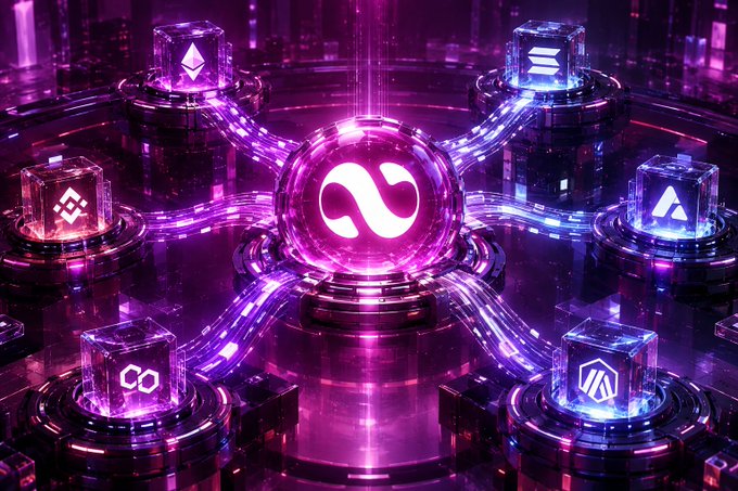 A futuristic digital scene features a central glowing pink sphere displaying a stylized logo, connected by luminous tubes to surrounding transparent cubes that each contain distinct cryptocurrency symbols.