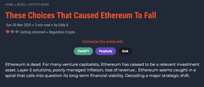 A crypto news article headline reading 'These Choices That Caused Ethereum To Fall' by Eddy S., dated Sun 30 Mar 2025, with AI summarization options (ChatGPT, Perplexity, Grok) and a subheading stating 'Ethereum is dead.'