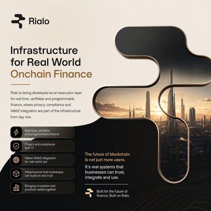 A promotional infographic for Rialo blockchain platform titled 'Infrastructure for Real World Onchain Finance' showing features like real-time verifiable finance and Web2 integration.