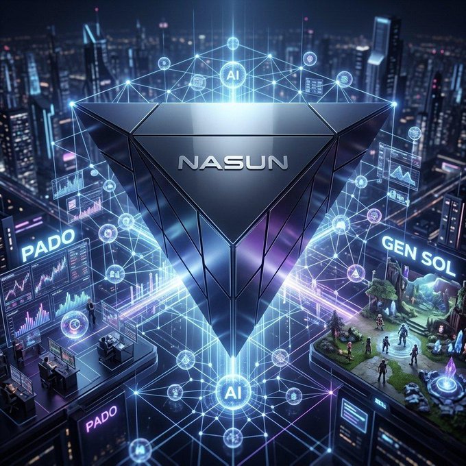 A futuristic cityscape at night featuring a large metallic inverted pyramid labeled "NASUN" with "AI" nodes, surrounded by holographic displays labeled "PADO" and "GEN SOL" showing charts and gaming scenes.