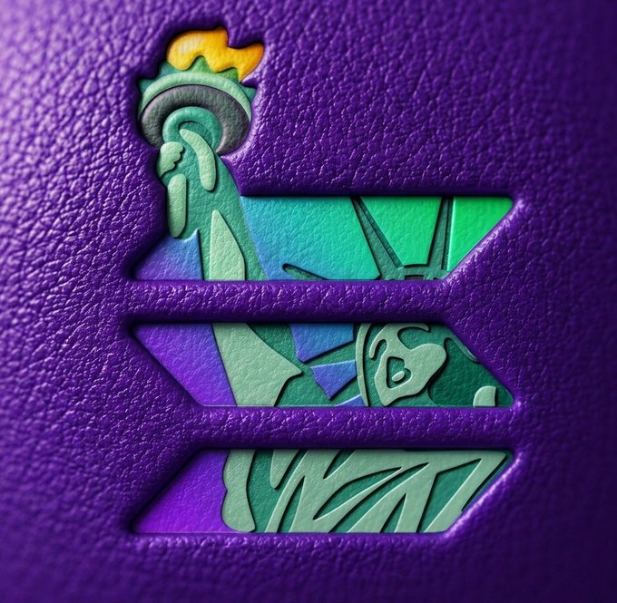 The image features a purple leather cover with a unique design of a green statue of liberty cut out into three sections. The statue is depicted from various angles, showcasing its intricate details. The background color of the cover is purple, which complements the green statue beautifully. The overall composition and choice of colors create an eye-catching and memorable logo for the brand "@SolanaSkyline".