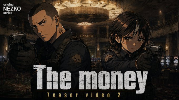 An anime-style promotional image titled "The money - Teaser video 2" from the "original NEZKO series," featuring two characters in tactical gear holding pistols inside a casino.