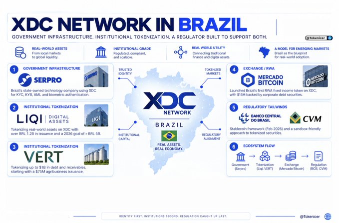 An infographic titled 'XDC NETWORK IN BRAZIL' highlights government infrastructure and institutional tokenization features with logos for SERPRO, LIQI, VERT, Mercado Bitcoin, Banco Central do Brasil, and CVM.