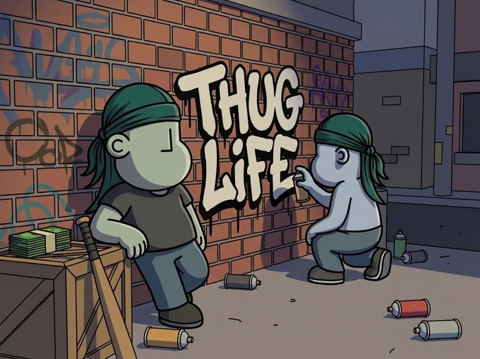A cartoon-style image shows two characters in green bandanas spray-painting "THUG LiFE" in graffiti on a brick wall, surrounded by scattered spray paint cans and stacks of money, humorously matching the post's "thug life" caption.