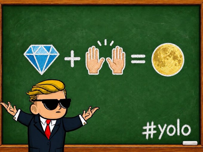 A chalkboard illustration showing a diamond plus clapping hands equals a full moon, with a cartoon figure wearing sunglasses and a suit shrugging, and the hashtag '#yolo' written in the corner.