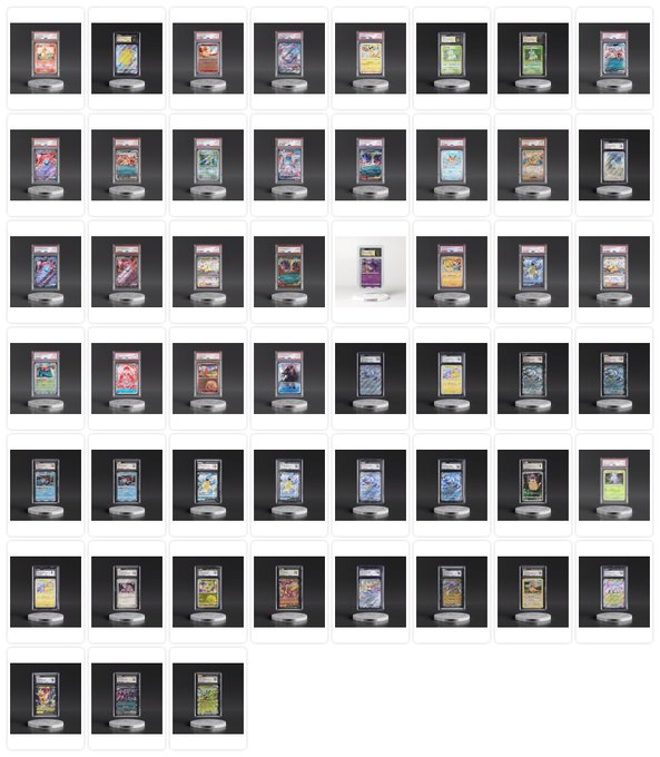 A grid display showcasing 51 graded Pokémon and One Piece trading cards in protective slabs, presented on digital pedestals as part of the Epoch 4 reward pack offerings.