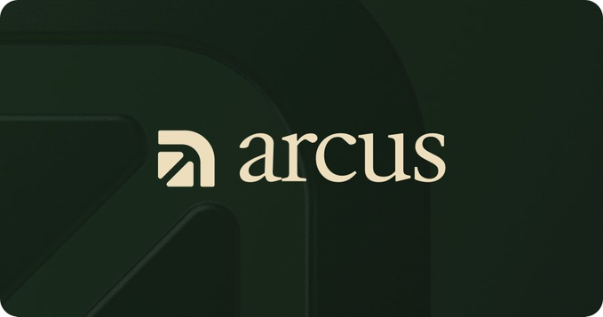 A logo for 'arcus' displayed in cream-colored text with an arrow icon on a dark green background.