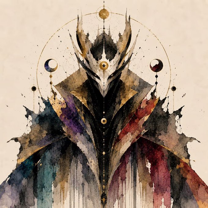 The image features an artistic illustration of a person wearing a unique, colorful, and intricate costume with gold accents. The costume appears to be made from watercolor paint, giving it a vibrant and dynamic appearance. The person's face is prominently displayed, making them the central focus of the artwork. The background of the image is white, which contrasts with the colorful elements in the foreground, drawing attention to the subject matter. The caption at the bottom of the image reads "Got this grail gifted to me by @InkgeneticsNFT for being an OG holder and holding multiples! Really appreciate the gesture and being chosen to turn on me of my Inkblots into a legendary!".