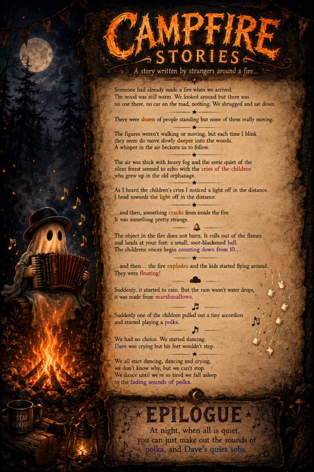 The image features a poster for a campfire stories series with a ghost story written by someone named @decentraland. The poster includes an illustration of a ghost, a candle, and a book titled "Campfire Stories". The text on the poster reads "Four weeks ago a group of strangers joined some nobody new streamer (hi, that'S me) and we built an unforgettable ghost story in @decentraland, featuring marshmallow rain, an accordion, and poor Dave. My favorite stream format to host. Tomorrow we do it again!".