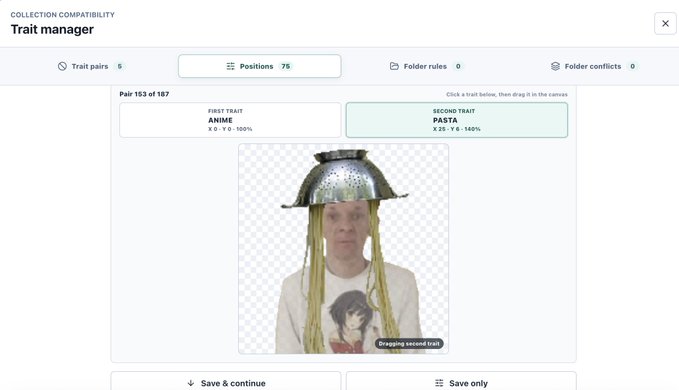 A 'Trait manager' interface from a collection compatibility tool showing a pair of traits ('ANIME' and 'PASTA') being combined on a character image, with tabs for trait pairs, positions, folder rules, and conflicts.