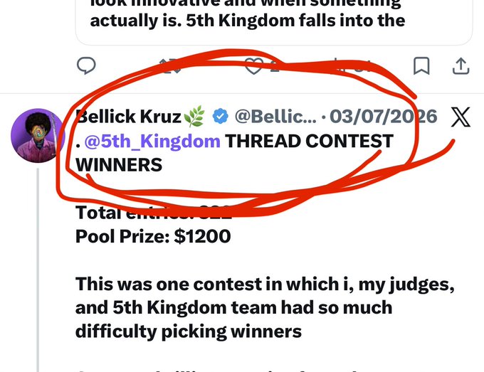 A screenshot of a tweet from Bellick Kruz (@Bellic...) circled in red, announcing 'THREAD CONTEST WINNERS' for @5th_Kingdom with a pool prize of $1200.
