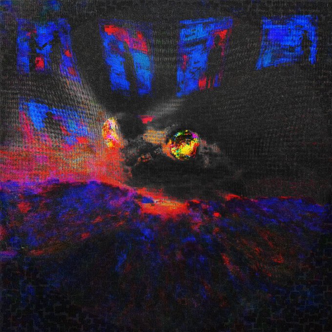 The image features a painting with a dark background, featuring a large ball of light at its center surrounded by blue and purple hues. The painting has an abstract style that includes elements such as lines, dots, and splatters. The artist's signature is placed in the bottom right corner of the artwork. The post reads "fr0̷gs x pain. iykyk @AP0LL_0", which seems to be a reference or description of the painting.
