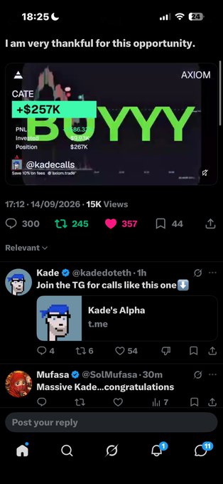 A mobile screenshot of a social media post by @kadecalls showing a trading position of +$257K on the ticker $CATE with the caption 'I am very thankful for this opportunity,' alongside replies including 'Massive Kade...congratulations.'