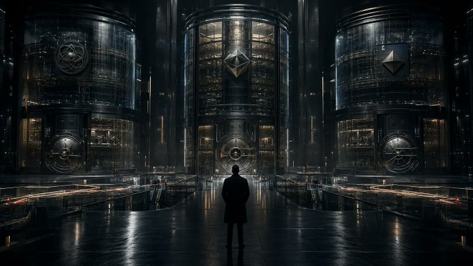 A lone figure in a dark coat stands facing three massive cylindrical towers, each emblazoned with cryptocurrency logos including Ethereum, Bitcoin, and Binance Coin, illuminated against a dim, industrial backdrop. The image visually reinforces the post's theme of multiple crypto exchanges collapsing, symbolizing the daunting presence and precarious nature of the platforms that the former employee witnessed implode.