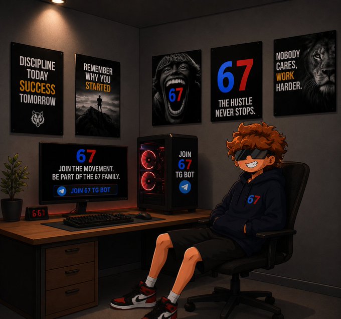 A cartoon character with red hair and a "67" hoodie sits smiling at a gaming setup, surrounded by posters reading "DISCIPLINE TODAY SUCCESS TOMORROW," "REMEMBER WHY YOU STARTED," "67 THE HUSTLE NEVER STOPS," "NOBODY CARES. WORK HARDER," and a monitor displaying "JOIN THE MOVEMENT. BE PART OF THE 67 FAMILY. JOIN 67 TG BOT," visually capturing the dedicated tap-to-earn community culture of the SixSeven app highlighted in the post.