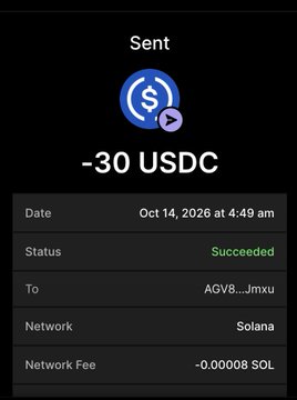 A cryptocurrency transaction confirmation showing 30 USDC sent on Oct 14, 2026 at 4:49 am, with a successful status, to wallet address AGV8...imxu on the Solana network, with a network fee of 0.000008 SOL. The image appears to be from a post claiming the user sent SOL to active supporters for daily interaction, though the transaction actually shows USDC (a stablecoin) being sent, not SOL.