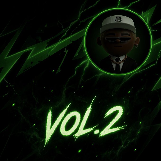 A digital artwork featuring a cartoon avatar of a person wearing a white cap with 'SB' logo and sunglasses, displayed in a green circle with 'VOL.2' text on a dark green lightning background.