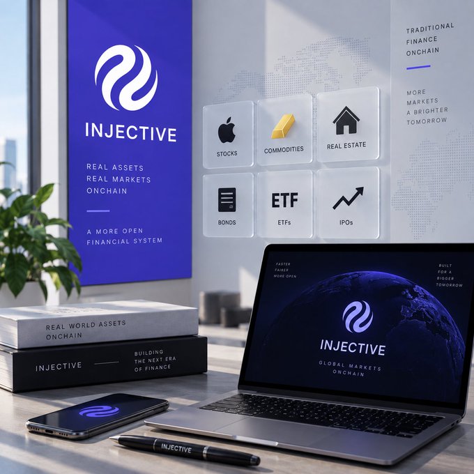 A promotional graphic for 'INJECTIVE' features a laptop, books, and signage displaying financial categories like stocks, commodities, real estate, bonds, ETFs, and IPOs, promoting 'Traditional Finance Onchain'.