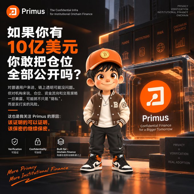 A promotional graphic for Primus featuring an anime-style boy in a letterman jacket and orange cap, with Chinese text asking '如果你有10亿美元你敢把仓位全部公开吗？' (If you had 1 billion USD, would you dare to publicly disclose all your positions?).