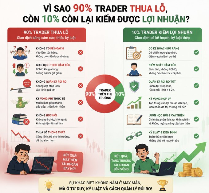 A Vietnamese infographic comparing 90% of traders who lose money due to emotional trading versus 10% who profit through planning and discipline, using a central pie chart and contrasting illustrated examples.