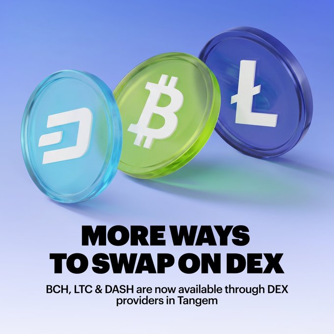 Three glossy 3D-rendered crypto coins—DASH (blue), Bitcoin (green), and Litecoin (purple)—are displayed against a light purple background, with the bold text "MORE WAYS TO SWAP ON DEX" announcing that BCH, LTC, and DASH are now available through DEX providers in Tangem. The image visually reinforces the post's message about expanded DEX routing options, showcasing the newly supported cryptocurrencies alongside Bitcoin to highlight the broader trading ecosystem.