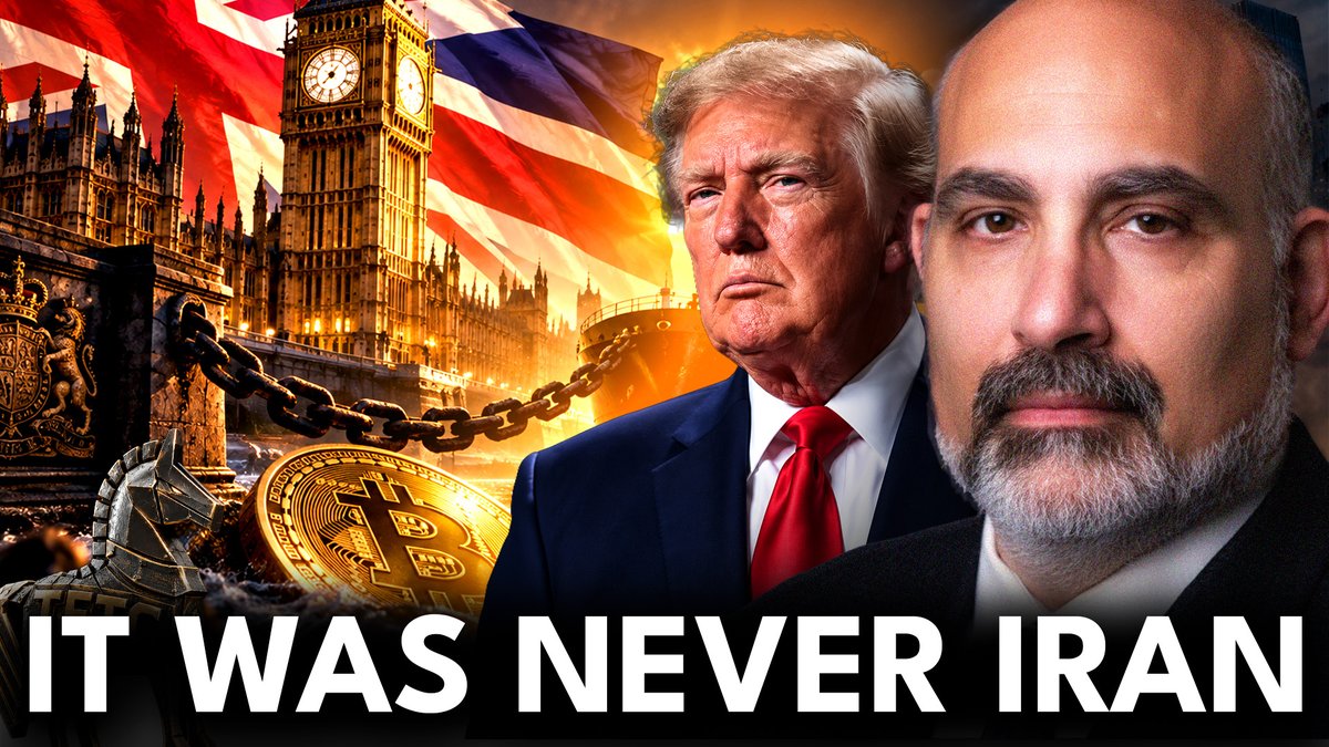 A YouTube thumbnail featuring portraits of Donald Trump and an unidentified man, set against a backdrop of the US and UK flags, Big Ben, a Bitcoin, and the text 'IT WAS NEVER IRAN'.