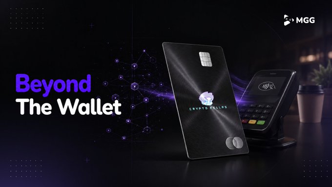 A promotional graphic titled "Beyond The Wallet" featuring a sleek black "Crypto Fellas" card alongside a contactless payment terminal, with the MGG logo in the top right corner. The image visually reinforces the post's message about bridging Web3 products with real-world usability through payment solutions like the Cryptofellas Card.