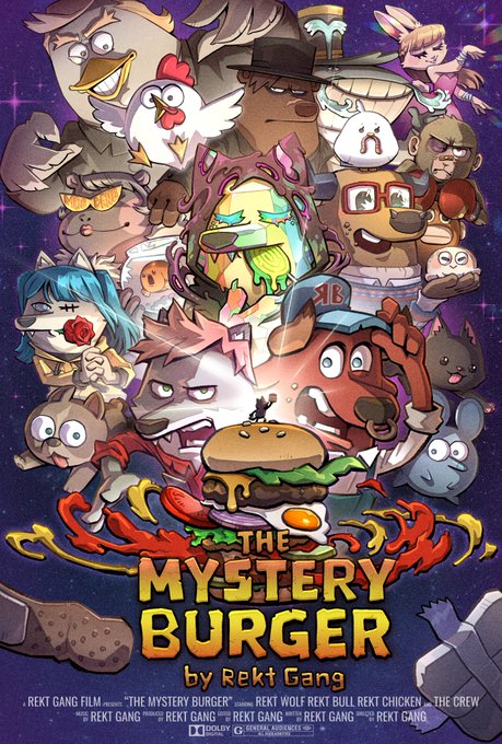 Colorful poster for 'THE MYSTERY BURGER by Rekt Gang' featuring various cartoon animal characters including a chicken, monkey, cat, dog, and others arranged around a melting burger in space-themed artwork.