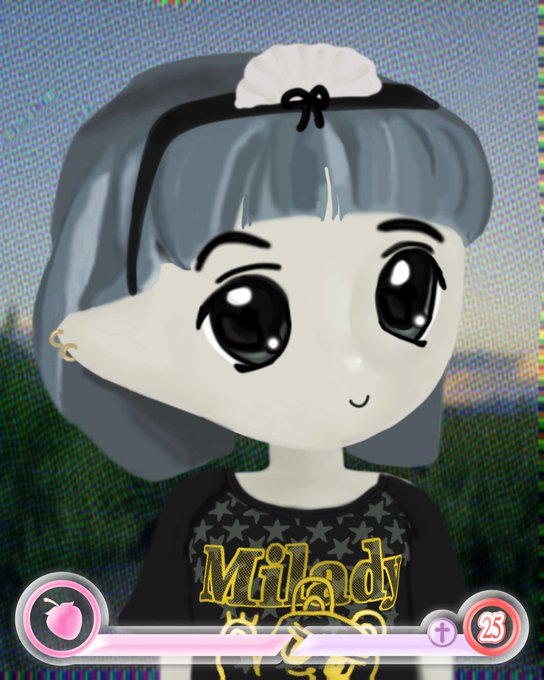 A digital avatar of a chibi-style character with large eyes, gray hair, and a black headband featuring a white bow, wearing a black shirt with gold "Milady" text, is displayed against a pixelated landscape background with a pink progress bar at the bottom. The image relates to the post by referencing the "Milady" NFT community, suggesting the user is tagging Coinbase CEO Brian Armstrong to engage with or promote the Milady project.
