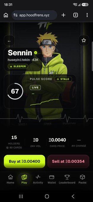 The image shows a mobile screenshot of the app.hoodfrens.xyz website displaying a "Sennin" NFT card (huseyin1tekin · 43K) with a Pulse Score of 67 and a status marked "STALE" and "SLEEPER." It lists 15 holders, a 24H volume of £0, and a card price of £0.00400, with "Buy at £0.00400" and "Sell at £0.00354" buttons. This relates to the post by showcasing a low-value HoodFrens card the user received as a "free win," consistent with the nearly 0 ETH valuation mentioned.