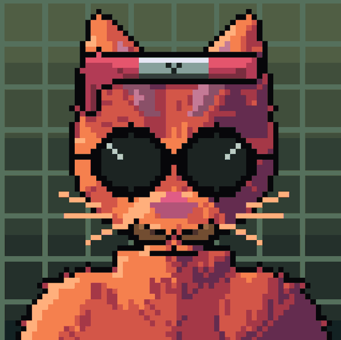 Pixel art illustration of an orange cat character wearing dark round sunglasses, a red headband, and a brown collar, set against a dark green tiled background.