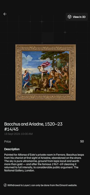 A screenshot of an NFT listing on a digital art platform, titled 'Bacchus and Ariadne, 1520-23,' priced at 50 ETH, described as a Titian painting cleaned in 1967 and held in the National Gallery, London.