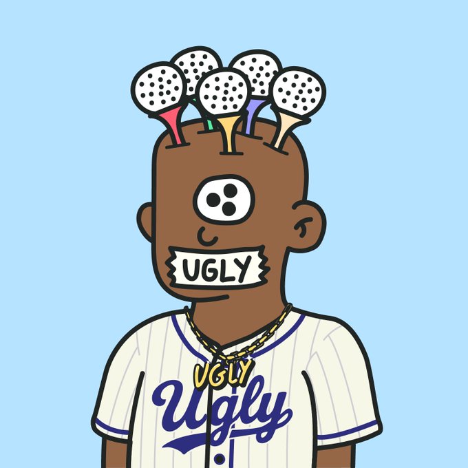 A cartoon character with a one-eyed face, mouth covered by tape reading 'UGLY', wearing a baseball jersey that says 'UGLY Ugly' and a gold chain, with golf clubs emerging from the top of its head.