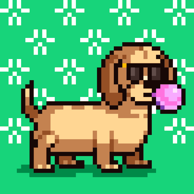 A pixel art image depicts a tan pug dog with sunglasses, holding a pink bubble gum bubble in its mouth, set against a green background with white cross-shaped patterns.