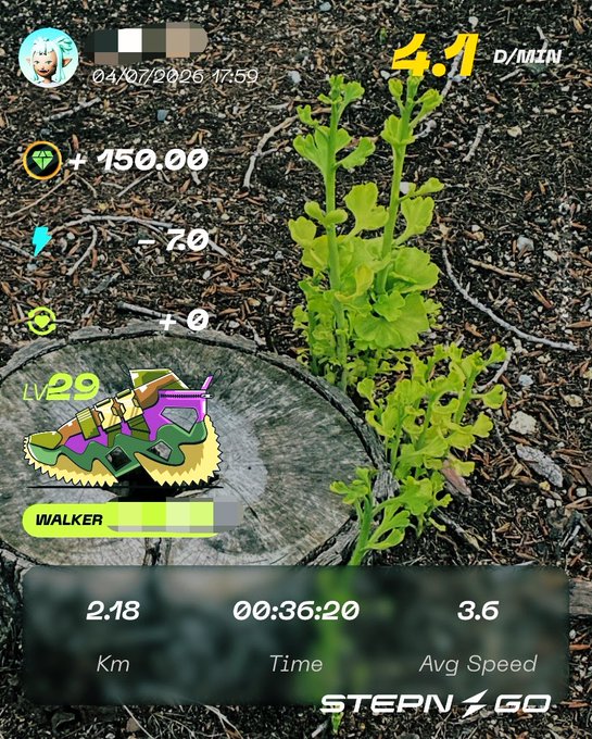 A fitness walking app screenshot ('STEPN GO') showing a workout stats overlay on a photo of a green plant, with 2.18 km covered in 36:20 at an average speed of 3.6.