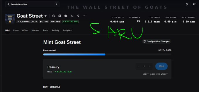 The OpenSea minting page for 'Goat Street', a Northwood Chain NFT collection featuring a hand-drawn 'SHRU' written in green over the page, with a floor price of 0.019 ETH.