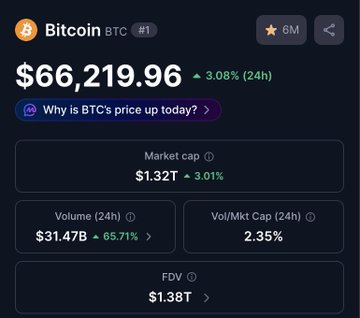 Cryptocurrency price tracking page showing Bitcoin (BTC) at $66,219.96, up 3.08% in 24h, with a market cap of $1.32T and 24h volume of $31.47B (+65.71%).