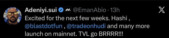 The image shows a verified tweet from Adeniyi.sui (@EmanAbio) posted 13 hours ago, expressing excitement about upcoming launches on mainnet including @blastdotfun and @tradeonhudi, declaring "TVL go BRRRR!!!"

This aligns with the accompanying post's mention of @blastdotfun and the optimistic sentiment about upcoming Sui ecosystem developments and new opportunities.