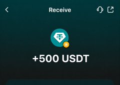 The image shows a mobile app screen with a "Receive" header, displaying a Tether (USDT) coin icon above the text "+500 USDT," indicating a $500 USDT reward. This relates to the post by illustrating one of the free USDT campaigns being promoted, where users can win $500 in cryptocurrency.