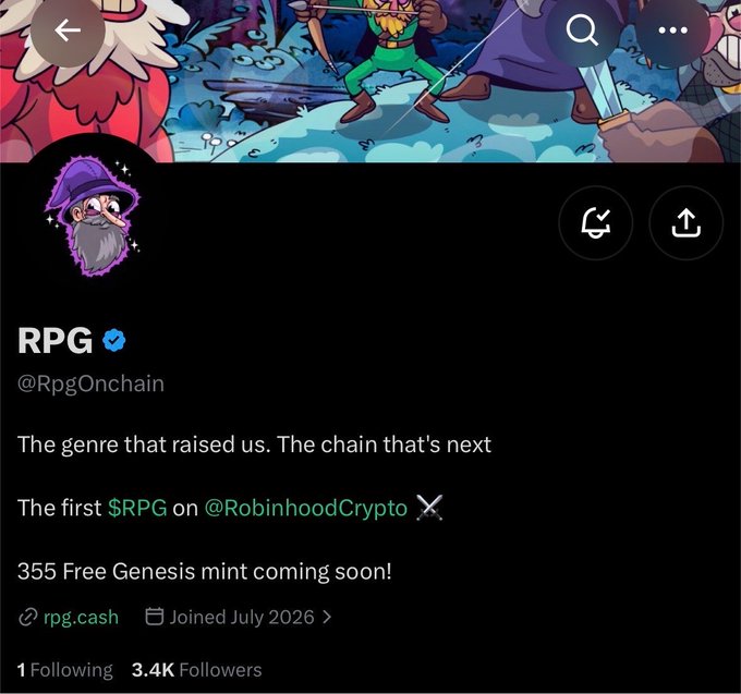 A Twitter/X profile page for "RPG" (@RpgOnchain) displayed in dark mode, showing a wizard avatar, the bio "The genre that raised us. The chain that's next," and an announcement for "355 Free Genesis mint coming soon" on Robinhood Crypto, with 3.4K followers—matching the accompanying post's details about the free genesis mint and follower count.