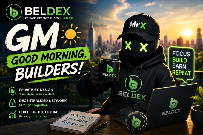BELDEX promotional graphic 'GM GOOD MORNING, BUILDERS!' featuring a person in a MrX hoodie with 'X' eyes holding a BELDEX coffee mug and laptop, with slogans 'PRIVATE BY DESIGN', 'DECENTRALIZED NETWORK', and 'BUILT FOR THE FUTURE'.