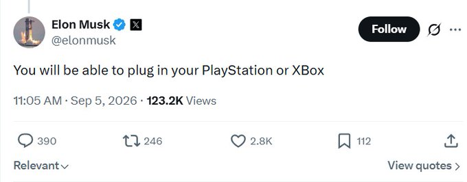 A screenshot of a tweet from Elon Musk (@elonmusk) dated September 5, 2026, stating 'You will be able to plug in your PlayStation or XBox,' with 123.2K views.