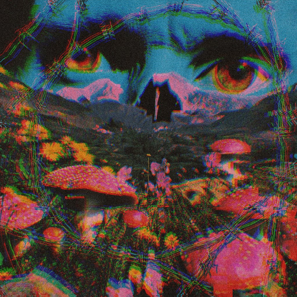 The image features a skull with red eyes, surrounded by flowers and mushrooms. The background of the image has a blue color scheme that includes a wire fence and some trees. The image also contains text that reads "nowayout" and "@TransientLabs".