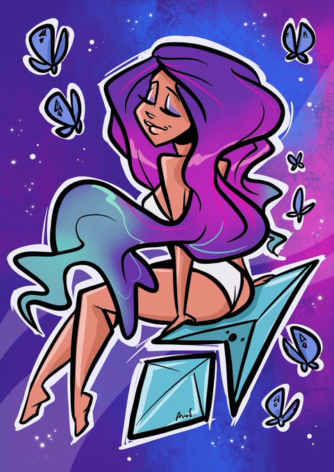 The image portrays a woman with long, purple hair sitting on a stylized airplane, with a stream of a fluid element flowing from her hand. She is surrounded by butterflies and the background features various cosmic elements. The accompanying post for this image advertises an NFT collection named "Custom Club Collect 13" associated with "@MetaVixensNFT" and "@theinkedminkNFT," suggesting that this artwork is part of a digital collection available for purchase on the ETH First mainnet, with an emphasis on co-creation.