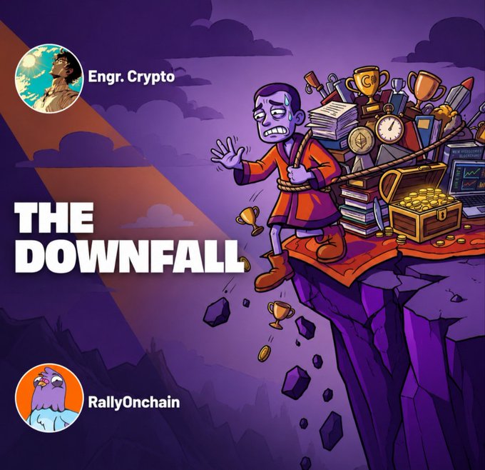 Cryptocurrency-themed cartoon illustration titled 'THE DOWNFALL' with a panicked figure tied to a pile of crypto items on a cliff edge, featuring 'Eng. Crypto' and 'RallyOnchain' profile tags.