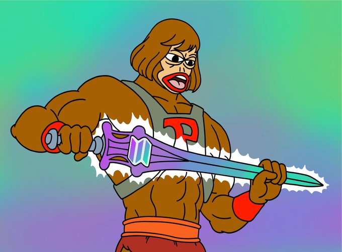 The image features a cartoon character, likely from the TV show "The Powerpuff Girls", holding a sword with a purple handle and a silver blade. The character appears to be a muscular man wearing a red shirt and orange pants. The background of the image is a gradient of blue and green colors. The caption below the image reads: "BUY THE POWER OF SOLANA...".