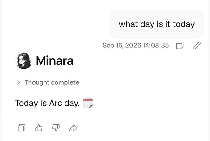 A chat screenshot shows a user asking "what day is it today" on Sep 16, 2026 at 14:08:35, with Minara responding "Today is Arc day." alongside a calendar emoji, confirming the post's message celebrating Arc Day.