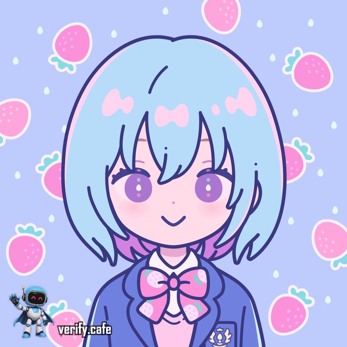An anime-style illustration of a blue-haired girl with purple eyes wearing a school uniform, set against a strawberry-patterned background with a 'verify.cafe' watermark.