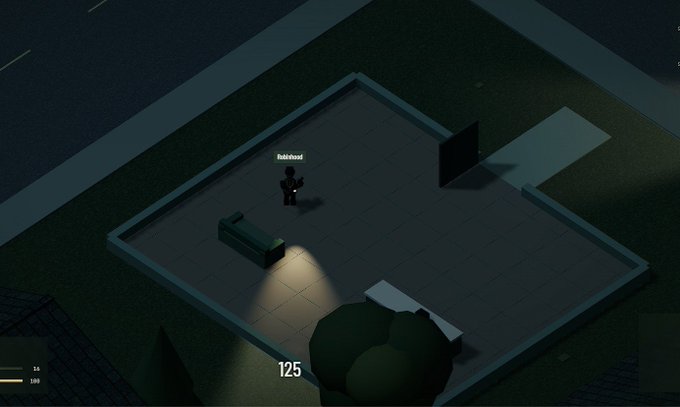 A player character named "Fishhbait" stands alone on a dimly lit rooftop plaza at night, holding a weapon near a bench and a glowing "125" indicator, suggesting preparation or anticipation. The solitary scene reflects the post's message of an imminent entry into a new virtual world where players will explore, build bases, and shape their territory before the gates open.