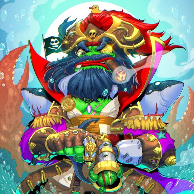 A vibrant cartoon illustration of a green-skinned pirate captain with a blue beard, red plumed hat, and gold-trimmed purple coat, smoking a cigar while surrounded by bubbles and tentacles.